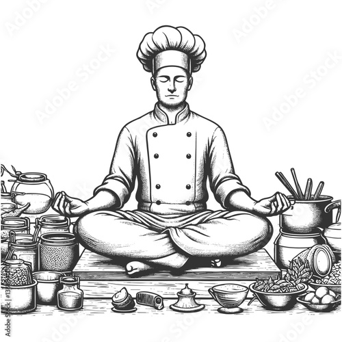 Chef Meditating Among Cooking Ingredients Utensils