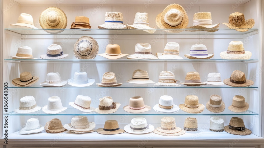 Luxury hat collection displayed elegantly in a high-end fashion showroom. Luxury hat collection displayed elegantly in a high-end fashion showroom.
