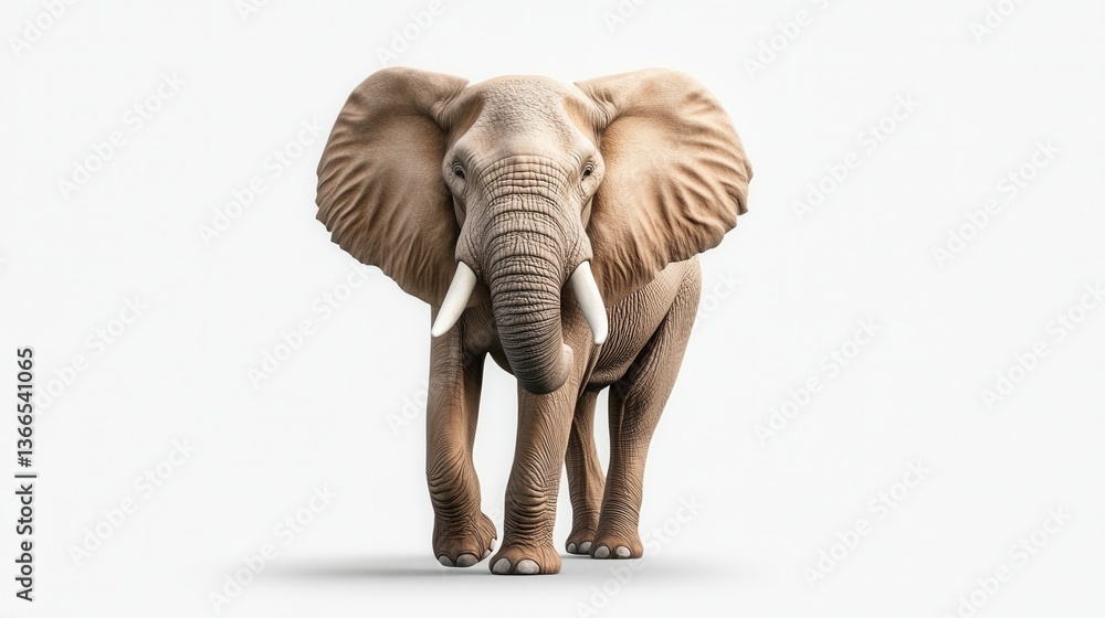 Fototapeta premium Realistic depiction of an elephant walking towards the viewer on a blank background in a studio setting