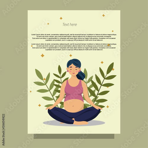 Pregnant woman doing yoga meditation. Calmness, peaceful, harmony pregnancy. Mindfulness relax woman card 