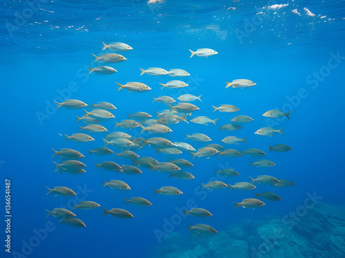 Wallpaper Mural Underwater School of Fish Marine Life, Ocean Ecosystem, Aquatic Animals, Diving, Seascape, Nature Photography. Torontodigital.ca