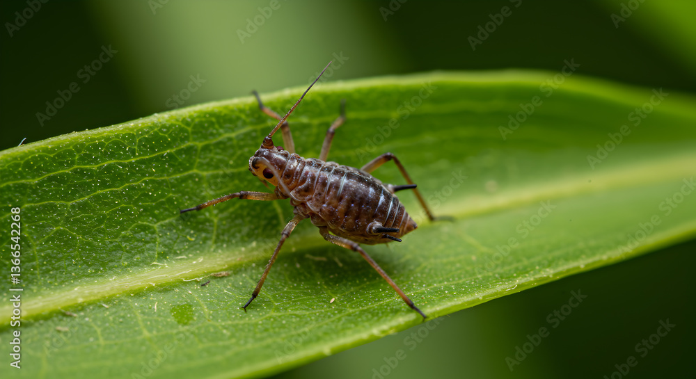 Detailed Close-Up of Toxoptera Aphid Resting on a Vibrant Green Leaf Detailed Close-Up of Toxoptera Aphid Resting on a Vibrant Green Leaf