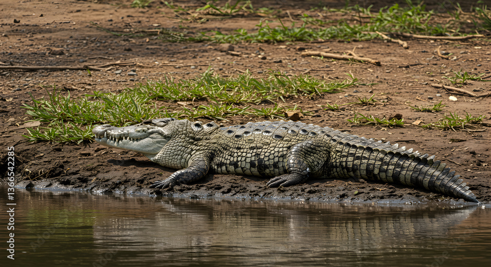 Obraz premium Majestic Crocodile Sunbathing on Muddy Riverbank, Reflecting in Still Waters
