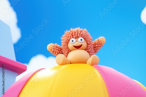 Happy Cartoon Creature Sitting on a Colorful Parasol under a Sunny Sky Delightful 3D Render