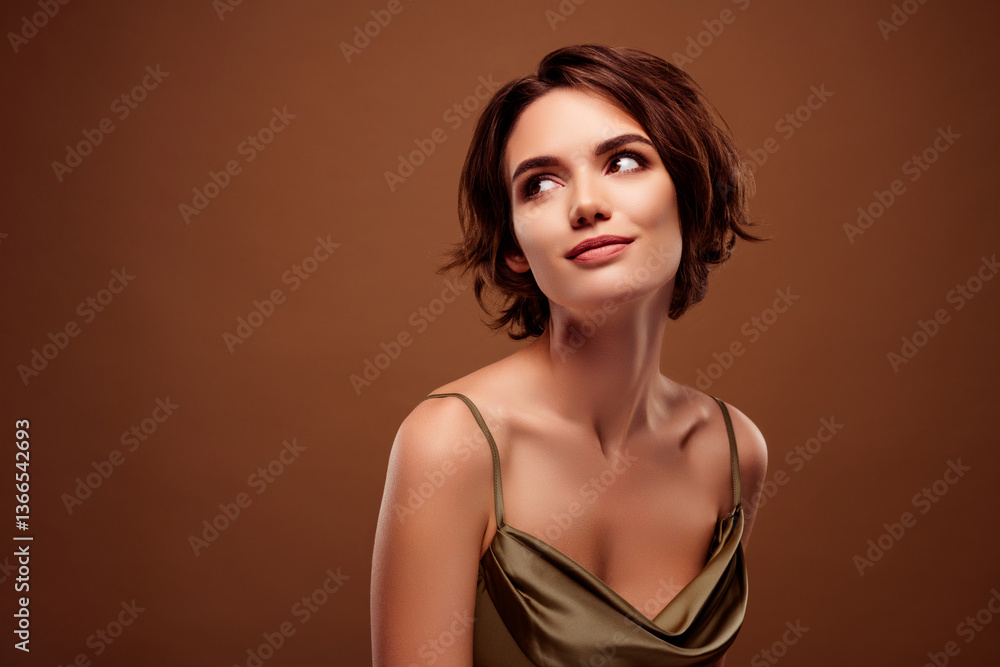Naklejka premium Photo of pretty young girl look interesting empty space dressed stylish khaki outfit isolated on brown color background