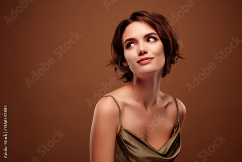 Wallpaper Mural Photo of pretty young girl look interesting empty space dressed stylish khaki outfit isolated on brown color background Torontodigital.ca