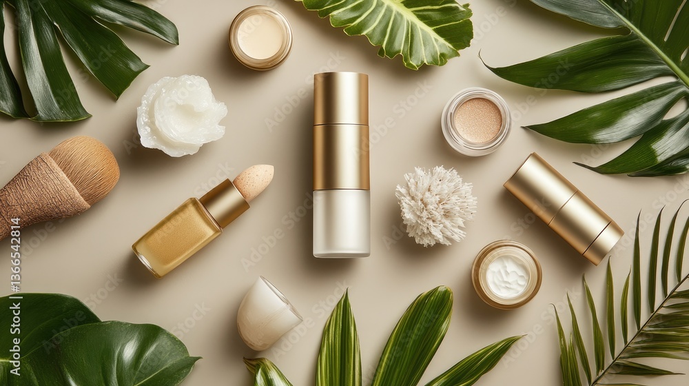 Luxury skincare and makeup hybrids arranged with botanical elements for a natural aesthetic. Luxury skincare and makeup hybrids arranged with botanical elements for a natural aesthetic.