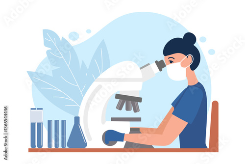 Woman microbiologist, microscope, test tubes and chemical flask. Laboratory concept. Flat illustration	
