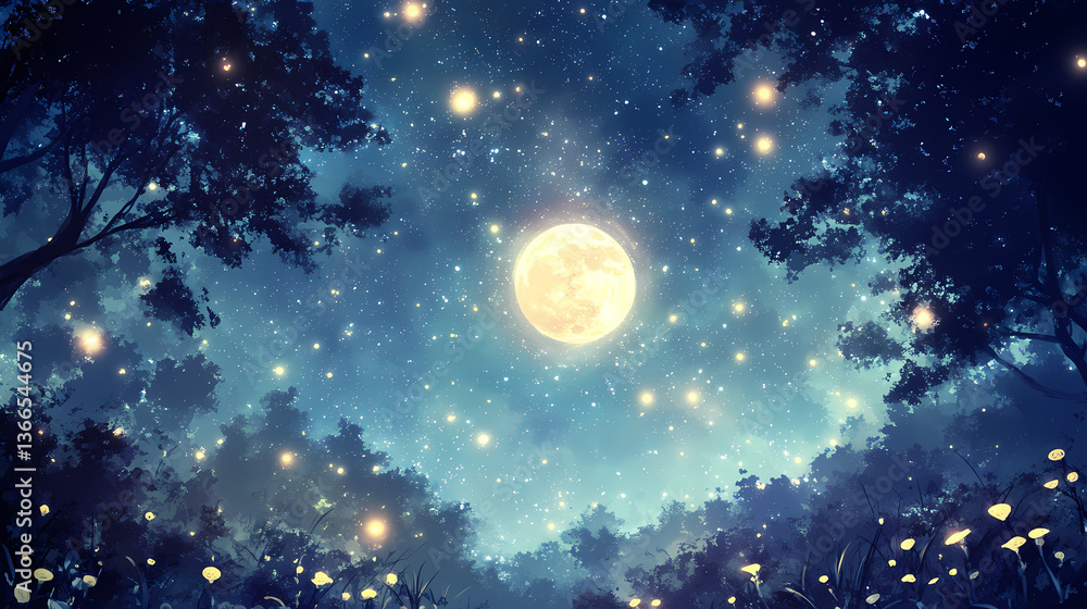 Fototapeta premium Luminous starlit nights softly glowing with whispering moonbeams. moonbeam whispers. illustration. Luminous Whispers. Illustration