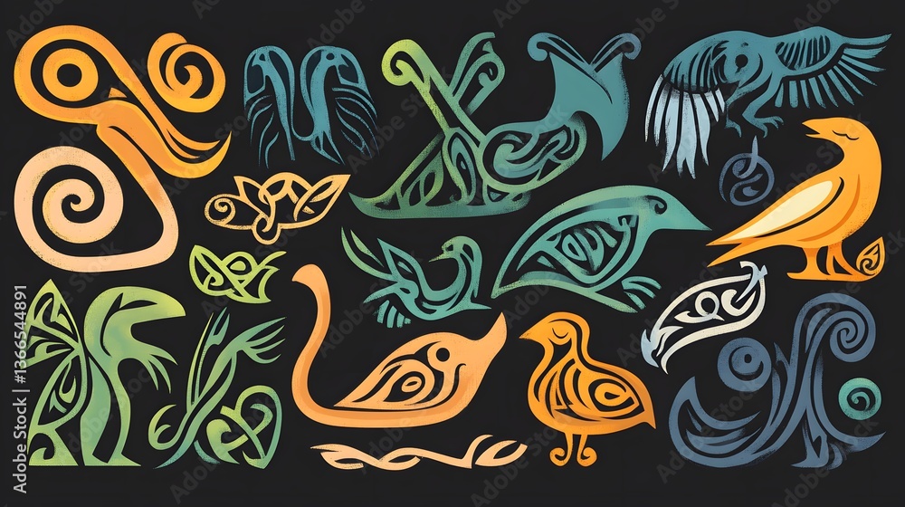Naklejka premium Celtic Style Cartoon Animals and Birds Depicted Abstractly for Creative Projects