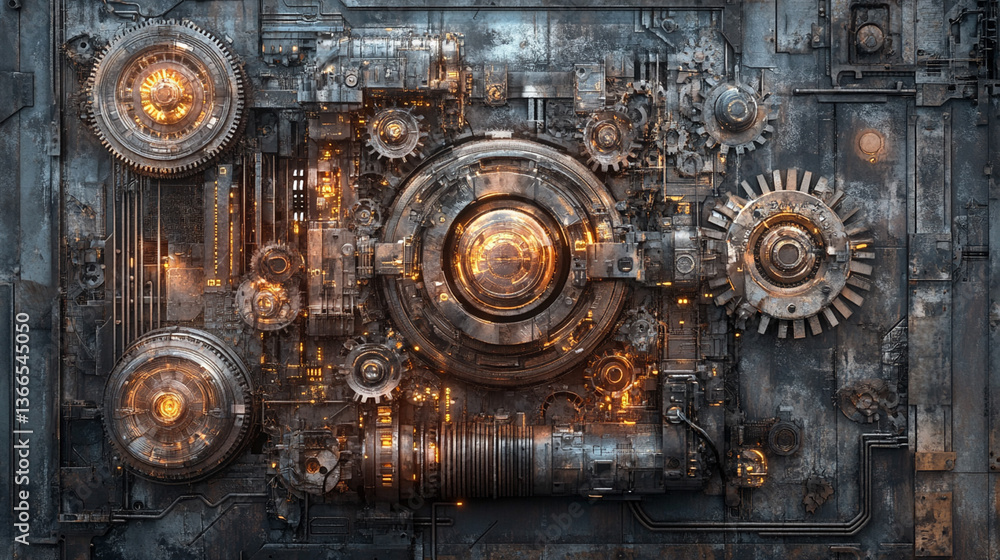 Detailed close-up view of a steampunk machine panel with intricate gears, glowing lights, and metallic parts. Detailed close-up view of a steampunk machine panel with intricate gears, glowing lights, and metallic parts.