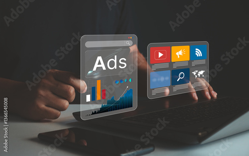 Digital marketing client communication concept, ad, product ads, product service promotion. Online advertising social media network. Business analysis technology. Client using laptop pay for shopping.