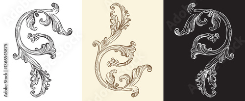 Set of hand drawing design elements. Vector isolated illustration. Vintage decorative baroque monogram, architectural detail in old fashioned style for decoration, cards, wedding, print and design