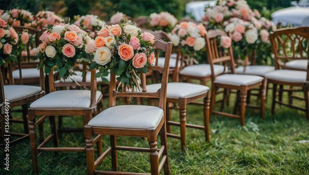 Obraz premium Chairs with rose bouquets for a wedding.
