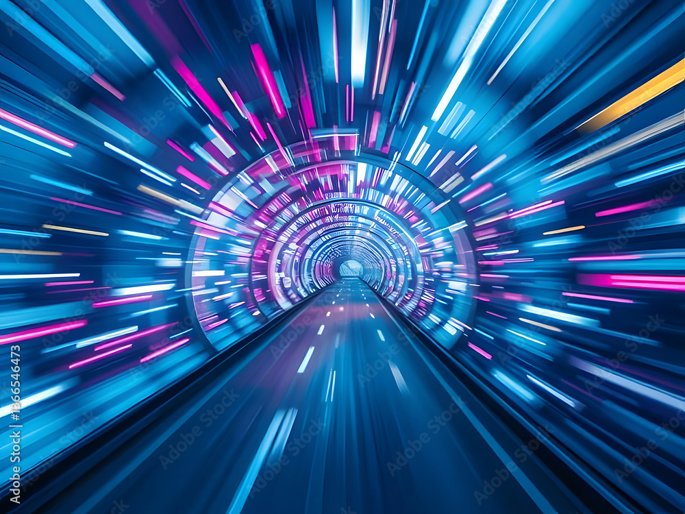 Futuristic Tunnel Speeding Through Abstract Neon Light, Digital Art Concept, Road, Technology. Futuristic Tunnel Speeding Through Abstract Neon Light, Digital Art Concept, Road, Technology.