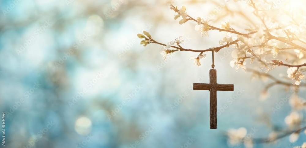 A cross hanging from willow branches, with an Easter background, blurred background, copy space for text, light blue color palette Generative AI A cross hanging from willow branches, with an Easter background, blurred background, copy space for text, light blue color palette Generative AI