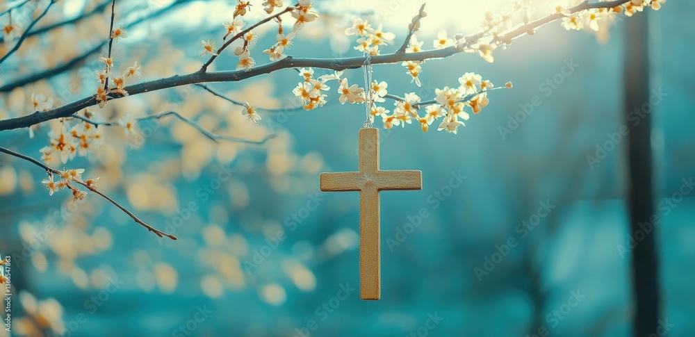 The cross is hanging on the willow branch, against a blue background, as a spring festival decoration Generative AI The cross is hanging on the willow branch, against a blue background, as a spring festival decoration Generative AI