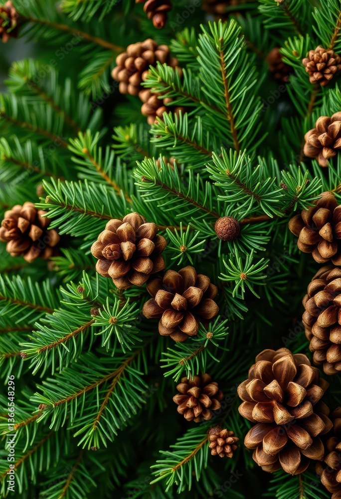 Fototapeta premium Deep green fir branches and brown pine cones, rustic Christmas background, evergreen, rustic