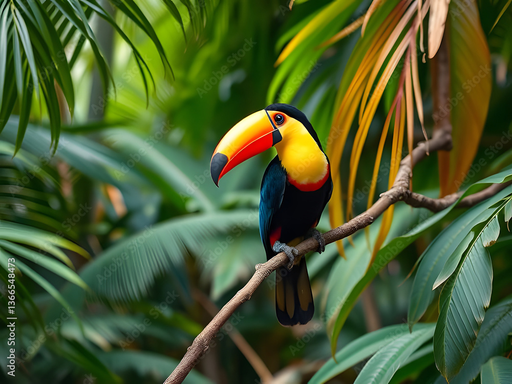 Obraz premium Colorful Toucan Bird Perched on Branch in Tropical Rainforest, Exotic Wildlife, Nature, Birds, Green Leaves