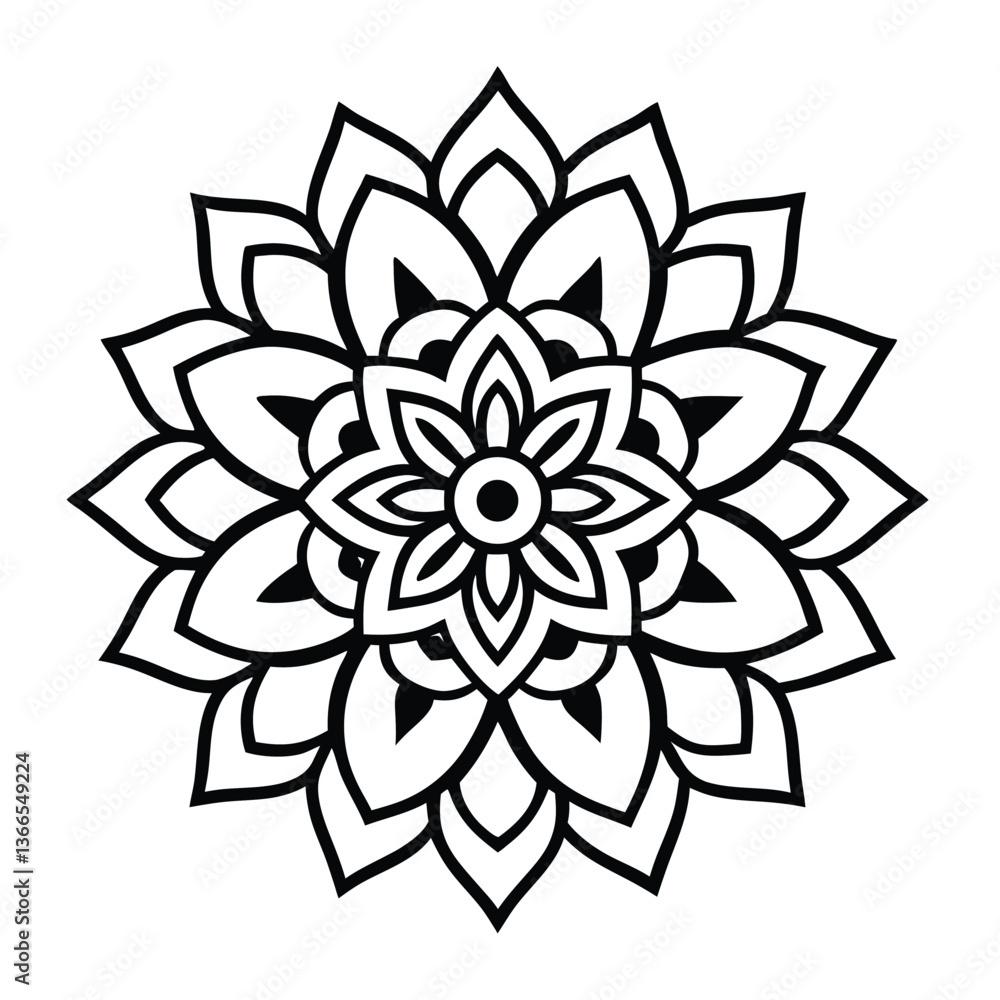 Editable Mandala Flower with Bold Petals and Symmetrical Design silhouette Vector illustration