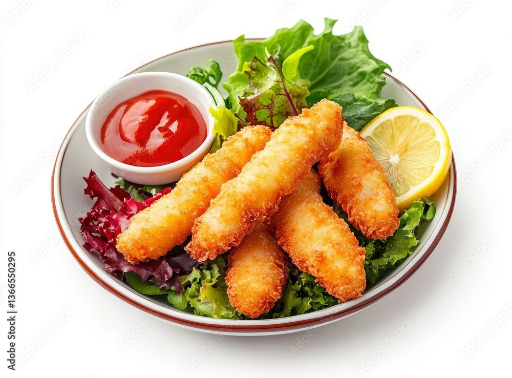 Enjoy Delicious Fried Fish Fingers Served with Ketchup and Fresh Salad Enjoy Delicious Fried Fish Fingers Served with Ketchup and Fresh Salad