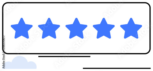 Blue five-star rating in a rectangular outline. Ideal for customer review, feedback, satisfaction, rating system, quality assessment, service evaluation, online reputation. Flat simple metaphor