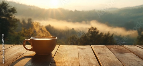 Hot coffee cup on rustic wooden table overlooking foggy mountain sunrise