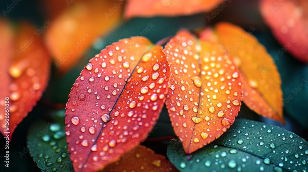 Close-up view of vibrant autumn leaves covered in glistening raindrops, showcasing the beauty of nature after a rain shower Close-up view of vibrant autumn leaves covered in glistening raindrops, showcasing the beauty of nature after a rain shower