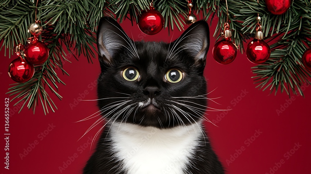 Christmas Cat Portrait with Red Background. Christmas Cat Portrait with Red Background.