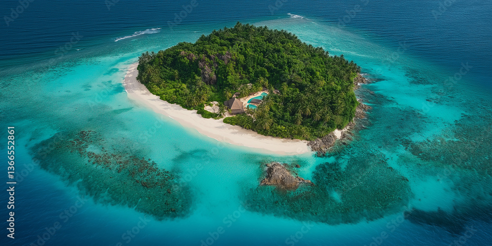 Fototapeta premium Aerial view of an island in the Indian Ocean with white sandy beaches, turquoise waters, and lush greenery