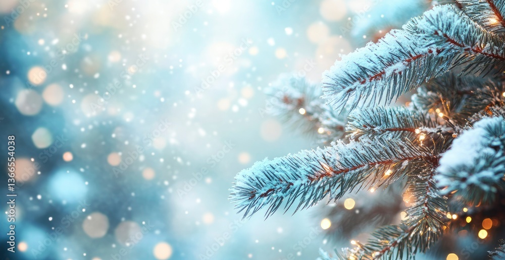 Snow Covered Christmas Tree Branch with Bokeh Lights for Holiday Season Snow Covered Christmas Tree Branch with Bokeh Lights for Holiday Season