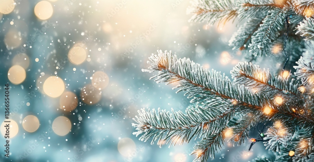 Snow Falling on Christmas Tree Branch with Lights and Bokeh Effect Snow Falling on Christmas Tree Branch with Lights and Bokeh Effect