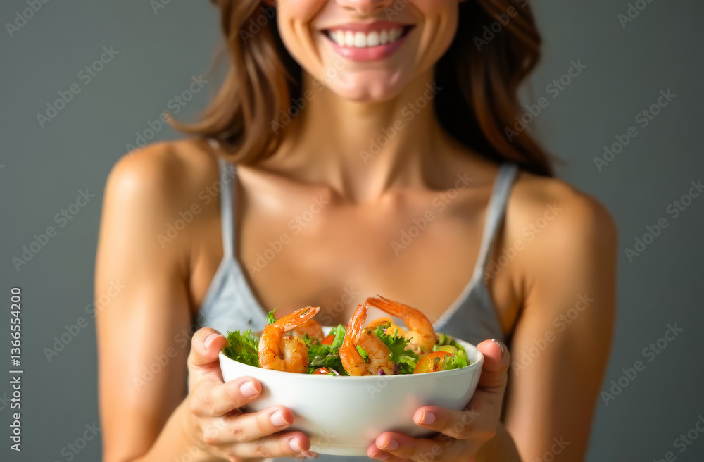 Bowl of shrimp salad in hands of happy woman. Young woman holding bowl of salad close-up. Woman in white T-shirt having breakfast. Bowl of shrimp salad in hands of happy woman. Young woman holding bowl of salad close-up. Woman in white T-shirt having breakfast.