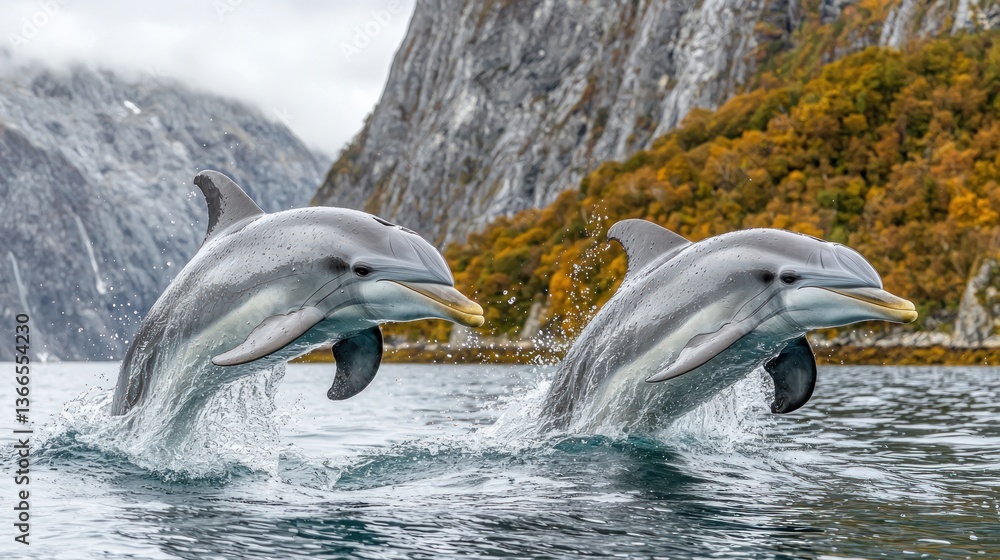 Obraz premium Majestic dolphins leap in a fjord