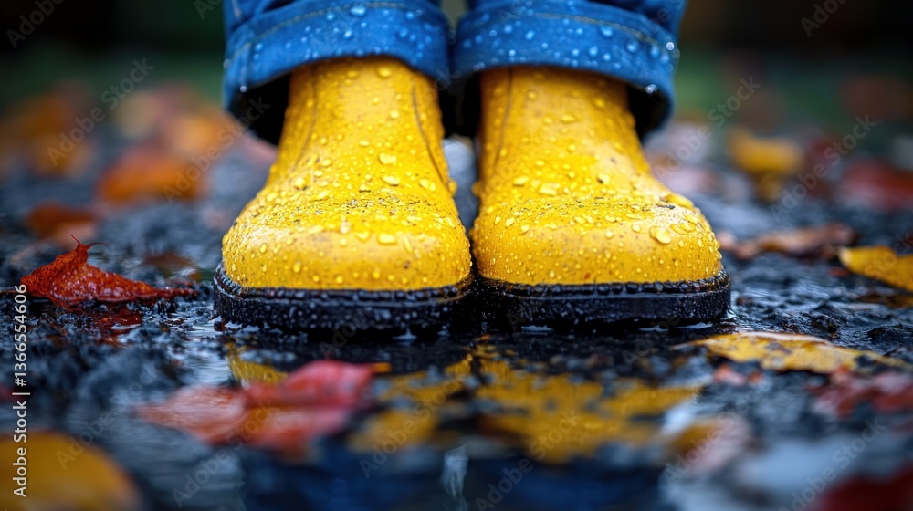 Fototapeta premium Yellow rain boots in puddle, autumn leaves