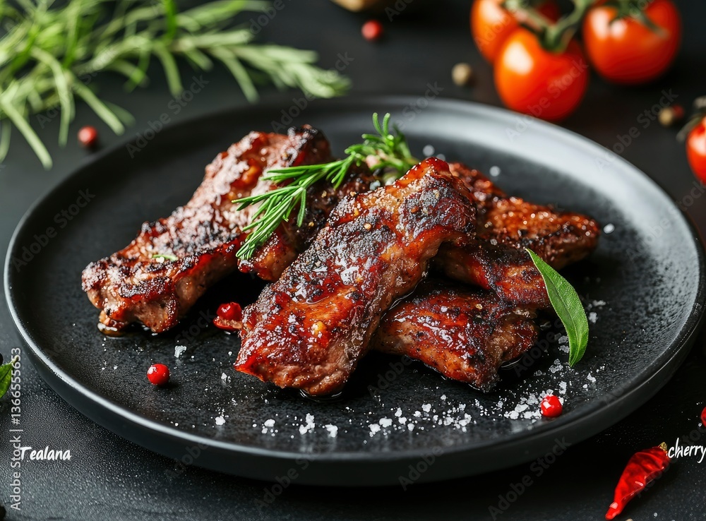 Serving Grilled Pork Ribs on Plate with Tomato and Rosemary Garnish Serving Grilled Pork Ribs on Plate with Tomato and Rosemary Garnish