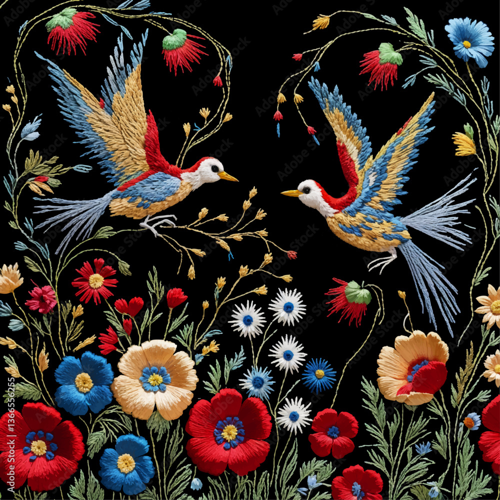 Obraz premium Vector traditional hungarian embroidery. Bright floral ornament with birds on black background