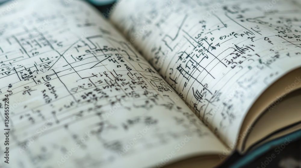 Fototapeta premium Open book filled with complex handwritten diagrams.