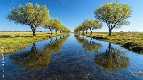 Serene, mirrored waterway, vibrant trees