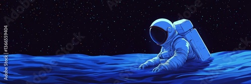 Astronaut wading through blue water on planet.
