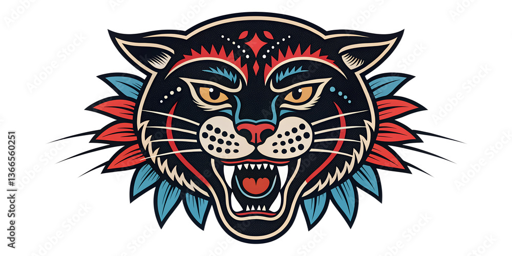 Obraz premium Transparent PNG Fierce Panther Head Tattoo Design – Traditional American Style with Floral Elements on White Background.