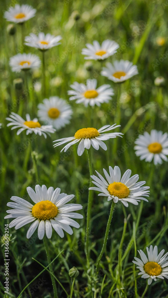 Chamomiles against green grass, creating an atmosphere of comfort and natural beauty Chamomiles against green grass, creating an atmosphere of comfort and natural beauty