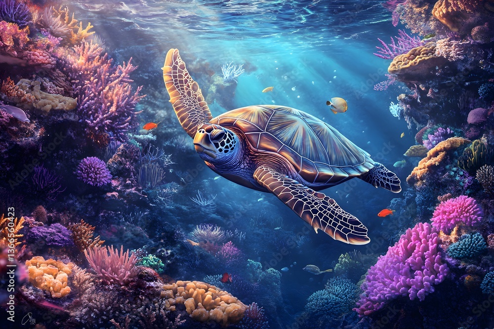 Obraz premium Sea Turtle Gliding Through Clear Waters