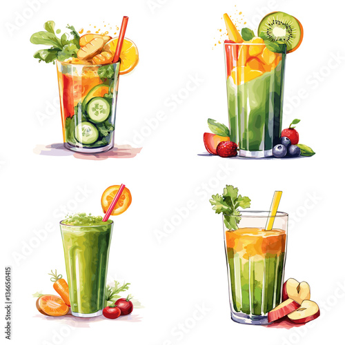 Fresh green detox juices and smoothies made with cucumber, kiwi, apple, and leafy greens. Ideal for healthy lifestyle concepts, wellness drinks, and clean eating visuals.

