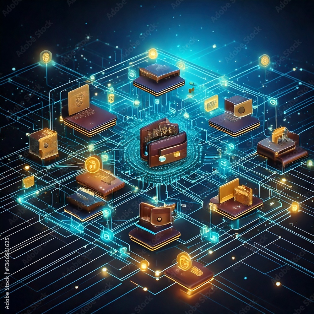 Fototapeta premium Decentralized Finance (DeFi) with Multiple Interconnected Digital Wallets and Secure Blockchain Transactions