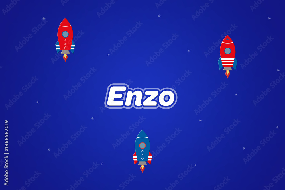 Enzo male boy name illustration in blue with rockets. Enzo male boy name illustration in blue with rockets.