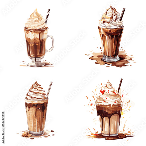 Delicious frappuccino drinks topped with whipped cream and chocolate drizzle in tall glasses. Ideal for cafe menus, iced coffee, dessert beverages, and sweet indulgent treats.

