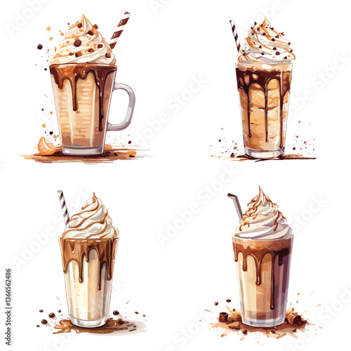 Iced coffee drinks with whipped cream and chocolate drizzle served in tall glasses. Ideal for frappuccino, gourmet beverages, cafe menus, and delicious dessert coffee concepts.

