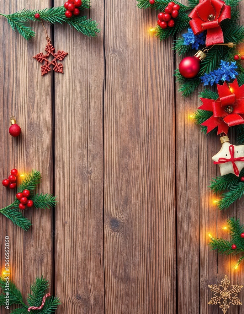 Rustic wooden background adorned with charming Christmas decorations, rustic, holiday Rustic wooden background adorned with charming Christmas decorations, rustic, holiday
