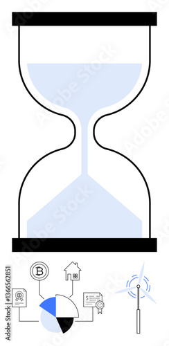 Hourglass symbolizing passing time. Icons below include cryptocurrency, real estate, renewable energy, pie charts, contracts, and innovation. Ideal for sustainability, time management technology